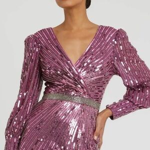 Mac Duggal Sequenced Wrap Over Bishop Sleeve Goen